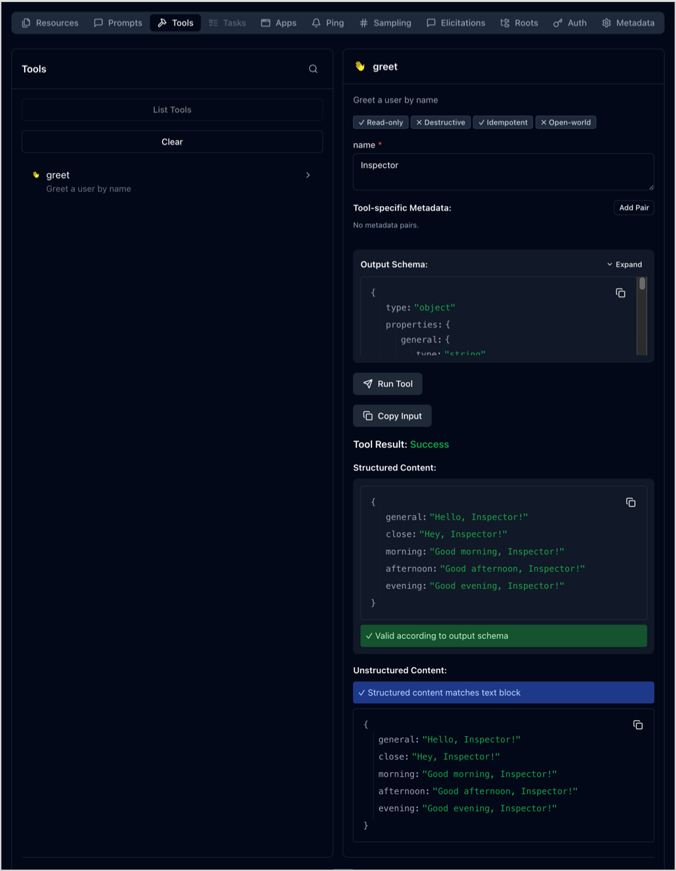 MCP Inspector greet tool test Right panel of MCP Inspector with a list of tools obtained from MCP server, and the test of the greet tool